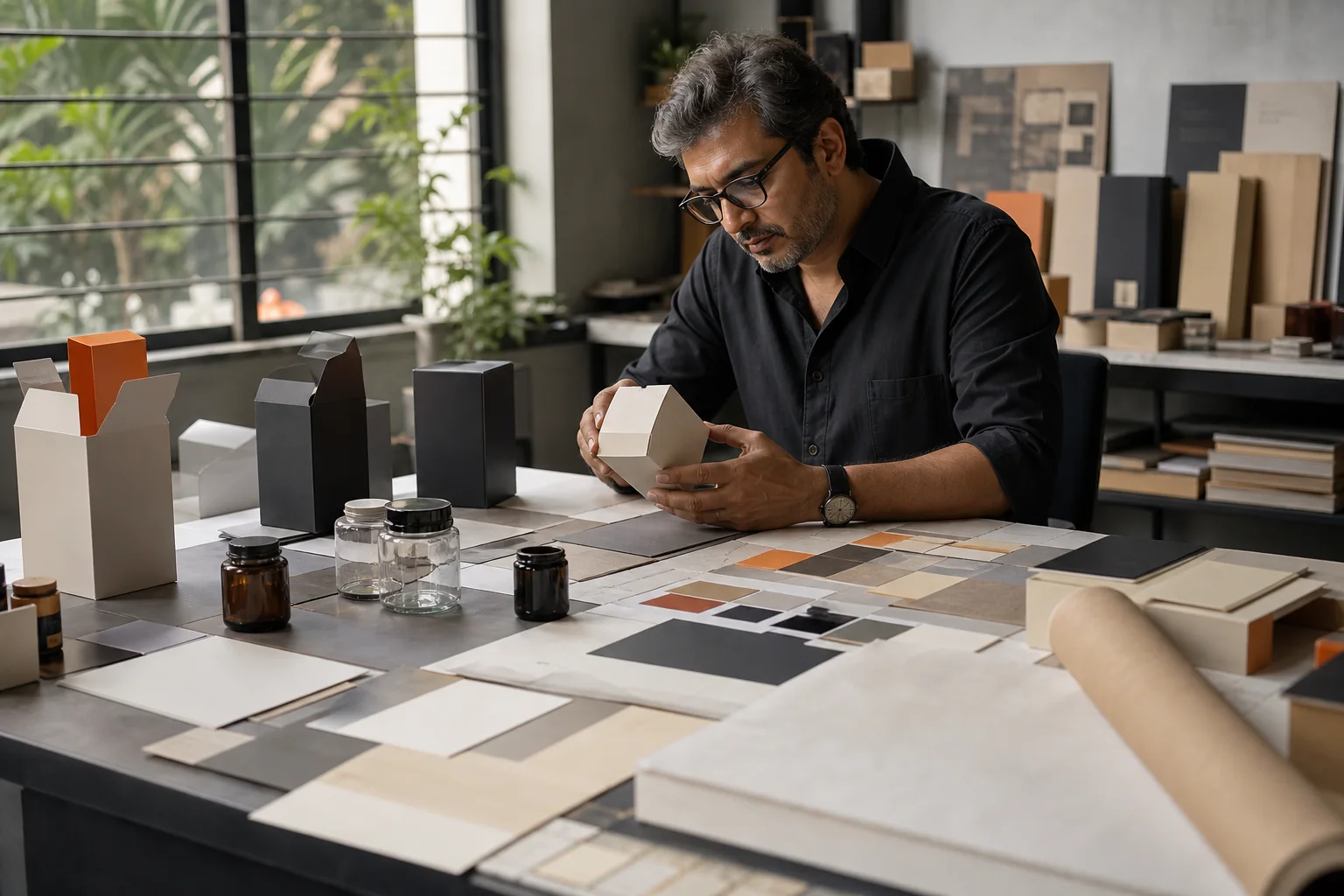 Packaging designer evaluating physical brand prototypes