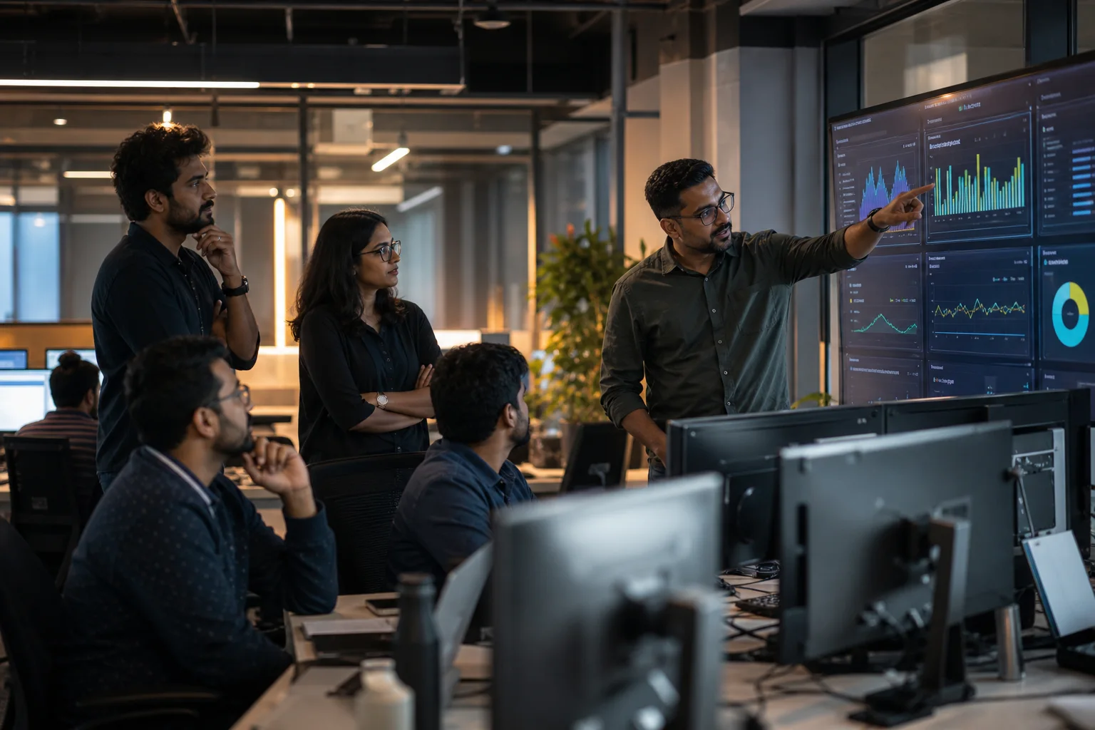 Software operations team reviewing a business dashboard